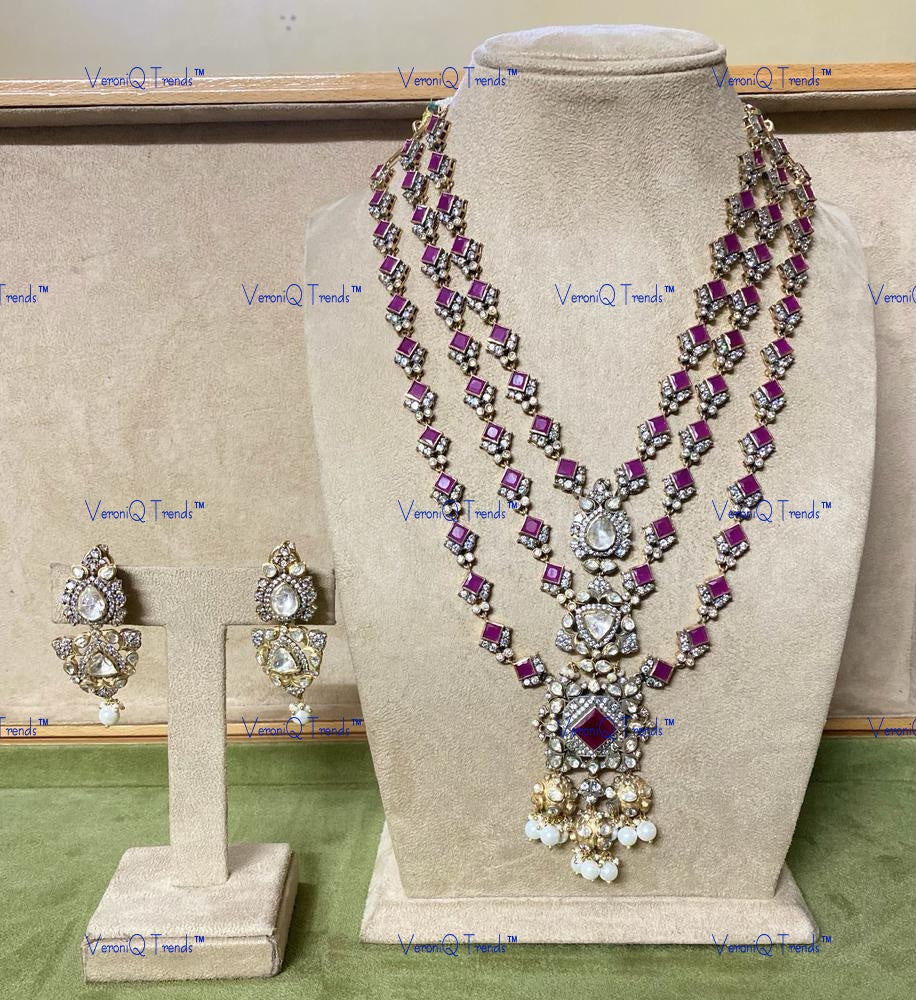 VeroniQ Trends-Victorian Teen Lada Ruby And Polki Silver Long Necklace 92.5 Silver Moissanite Diamond Polki-Ruby Stone-Gold Plated-Wedding Jewellery-Punjabi Jewellery-South Indian-Thappa Jewellery
