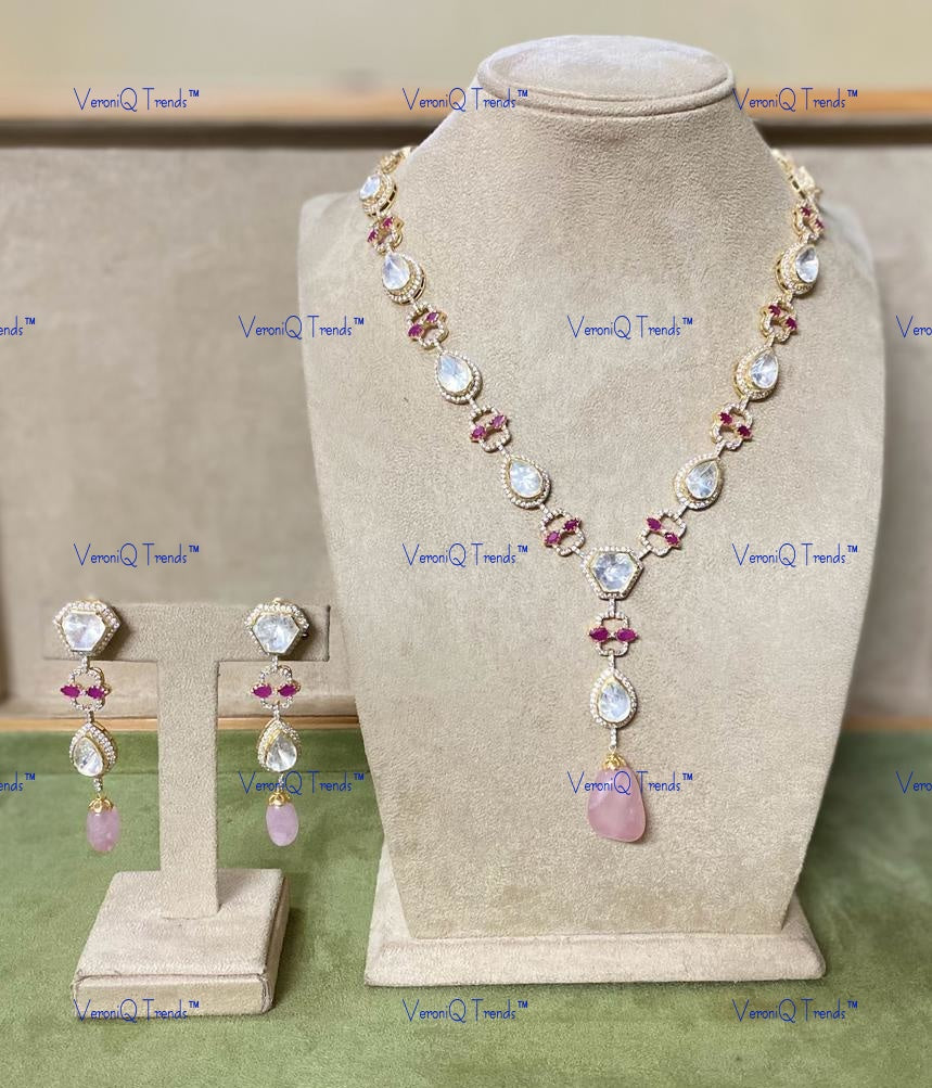 VeroniQ Trends-Elegant Victorian Single Line Ruby And Polki Silver Long Necklace 92.5 Silver Moissanite Diamond Polki-Ruby Stone-Gold Plated-Wedding Jewellery-Punjabi Jewellery-South Indian-Thappa Jewellery