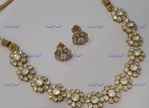 VeroniQ Trends-Victorian Diamond Look Polki Silver Necklace 92.5 Silver Moissanite Diamond Polki-Gold Plated-Wedding Jewellery-Punjabi Jewellery-South Indian-Thappa Jewellery