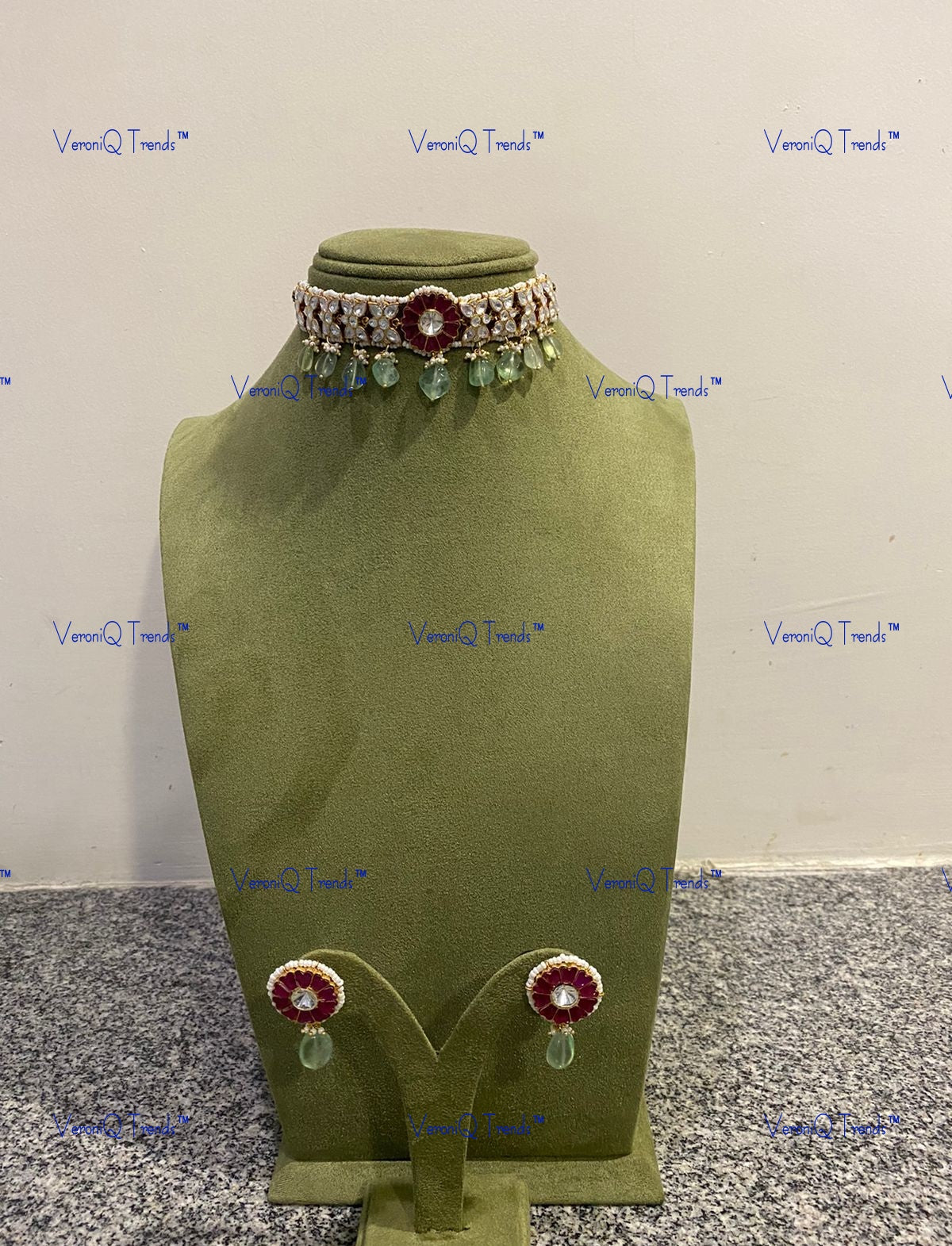 VeroniQ Trends-Victorian Ruby And Polki Silver Choker Necklace With Green Beads 92.5 Silver Moissanite Diamond Polki-Ruby Stone-Gold Plated-Wedding Jewellery-Punjabi Jewellery-South Indian-Thappa Jewellery