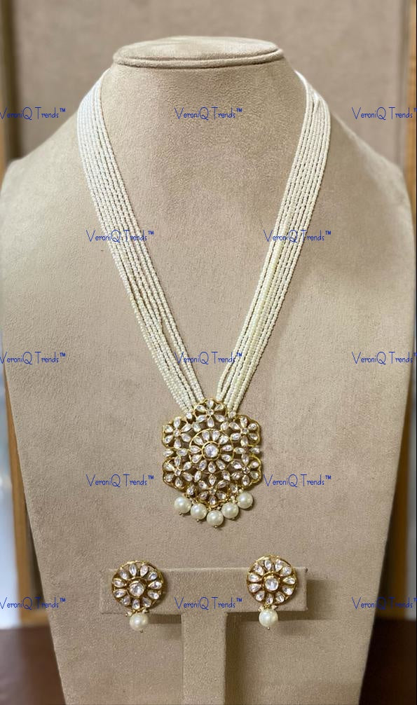VeroniQ Trends-Victorian Multistrand Pearl And Polki Silver Floral Pendant Long Necklace 92.5 Silver Moissanite Diamond Polki-Fresh Water Pearl-Gold Plated-Wedding Jewellery-Punjabi Jewellery-South Indian-Thappa Jewellery