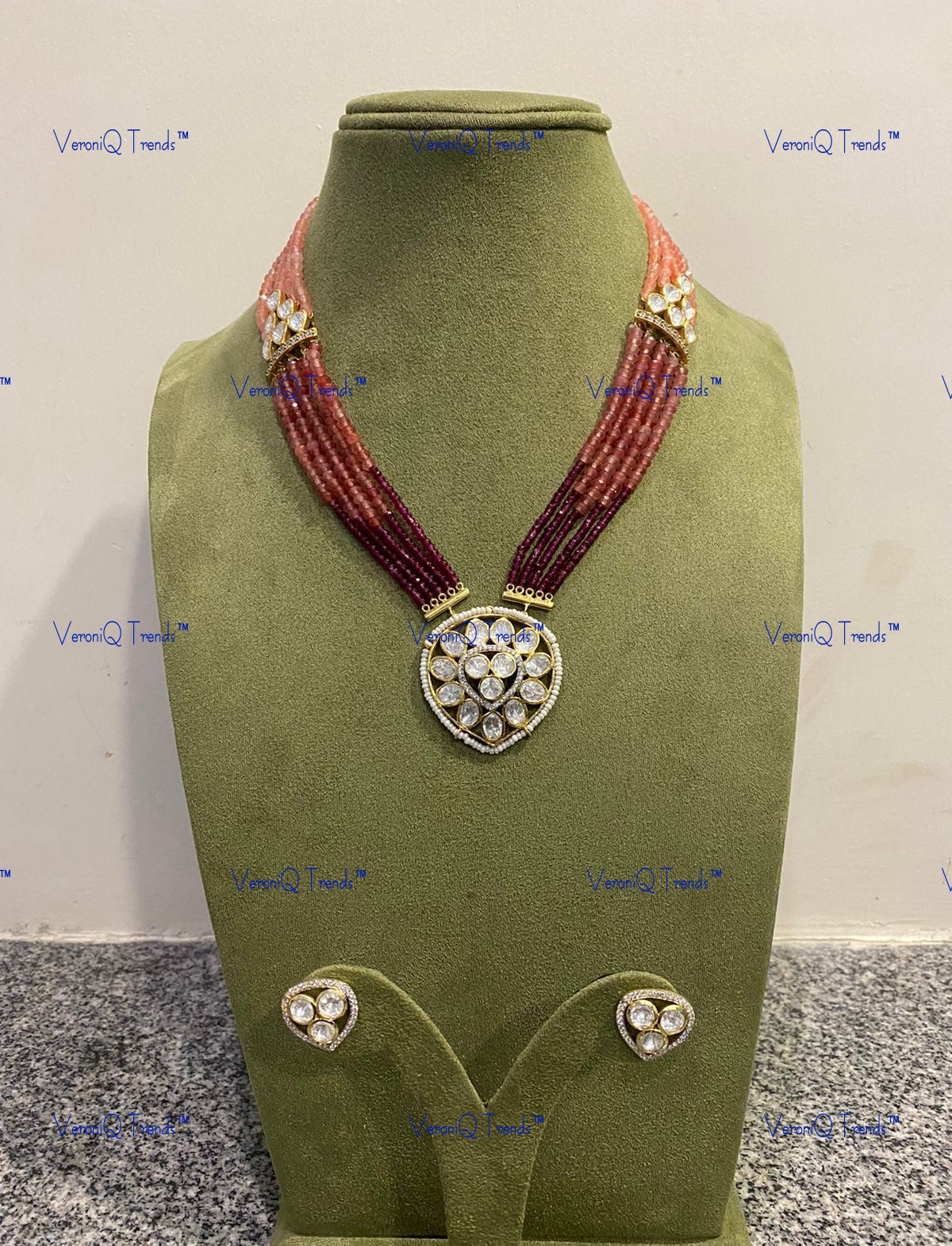 VeroniQ Trends-Victorian Multistrand Ruby Beads And Polki Silver Pendant Necklace 92.5 Silver Moissanite Diamond Polki-Gold Plated-Wedding Jewellery-Punjabi Jewellery-South Indian-Thappa Jewellery