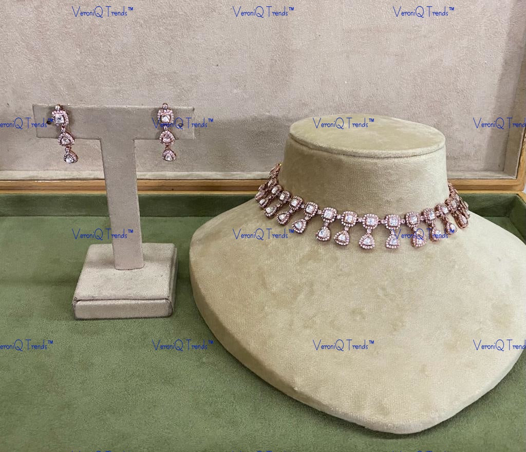 VeroniQ Trends-Victorian Rose Gold Finish And Polki Silver Choker Necklace 92.5 Silver Moissanite Diamond Polki-Gold Plated-Wedding Jewellery-Punjabi Jewellery-South Indian-Thappa Jewellery