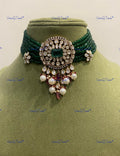 VeroniQ Trends-Victorian Multistrand Emerald Pearl And Polki Silver Choker Necklace 92.5 Silver Moissanite Diamond Polki-Emerald Stone-Fresh Water Pearl-Gold Plated-Wedding Jewellery-Punjabi Jewellery-South Indian-Thappa Jewellery