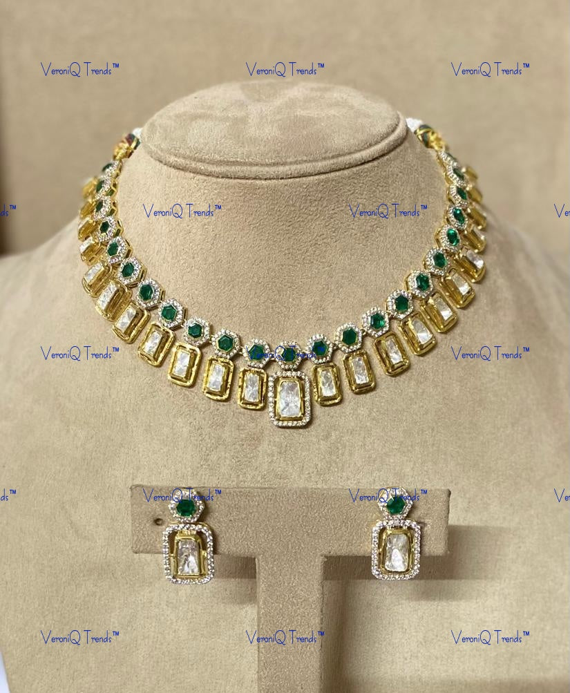 VeroniQ Trends-Victorian Gold Plated Emerald And Polki Silver Choker Necklace 92.5 Silver Moissanite Diamond Polki-Gold Plated-Wedding Jewellery-Punjabi Jewellery-South Indian-Thappa Jewellery