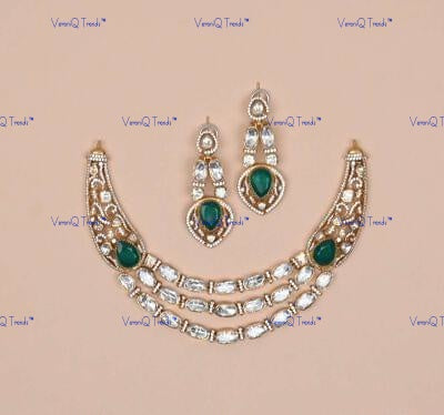 VeroniQ Trends-Victorian Double Line Emerald And Polki Silver Necklace 92.5 Silver Moissanite Diamond Polki-Emerald Stone-Gold Plated-Wedding Jewellery-Punjabi Jewellery-South Indian-Thappa Jewellery