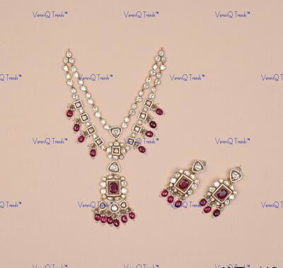 VeroniQ Trends-Victorian Double Lin Ruby And Polki Silver Necklace 92.5 Silver Moissanite Diamond Polki-Ruby Stone-Gold Plated-Wedding Jewellery-Punjabi Jewellery-South Indian-Thappa Jewellery
