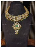 VeroniQ Trends-Victorian Bridal Polki and Emerald Choker Necklace With Motif 92.5 Silver Moissanite Diamond Polki-Emerald Stone-Gold Plated-Wedding Jewellery-Punjabi Jewellery-South Indian-Thappa Jewellery