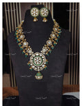 VeroniQ Trends-Victorian Bridal Mid Length Polki and Emerald Necklace 92.5 Silver Moissanite Diamond Polki-Emerald Stone-Gold Plated-Wedding Jewellery-Punjabi Jewellery-South Indian-Thappa Jewellery