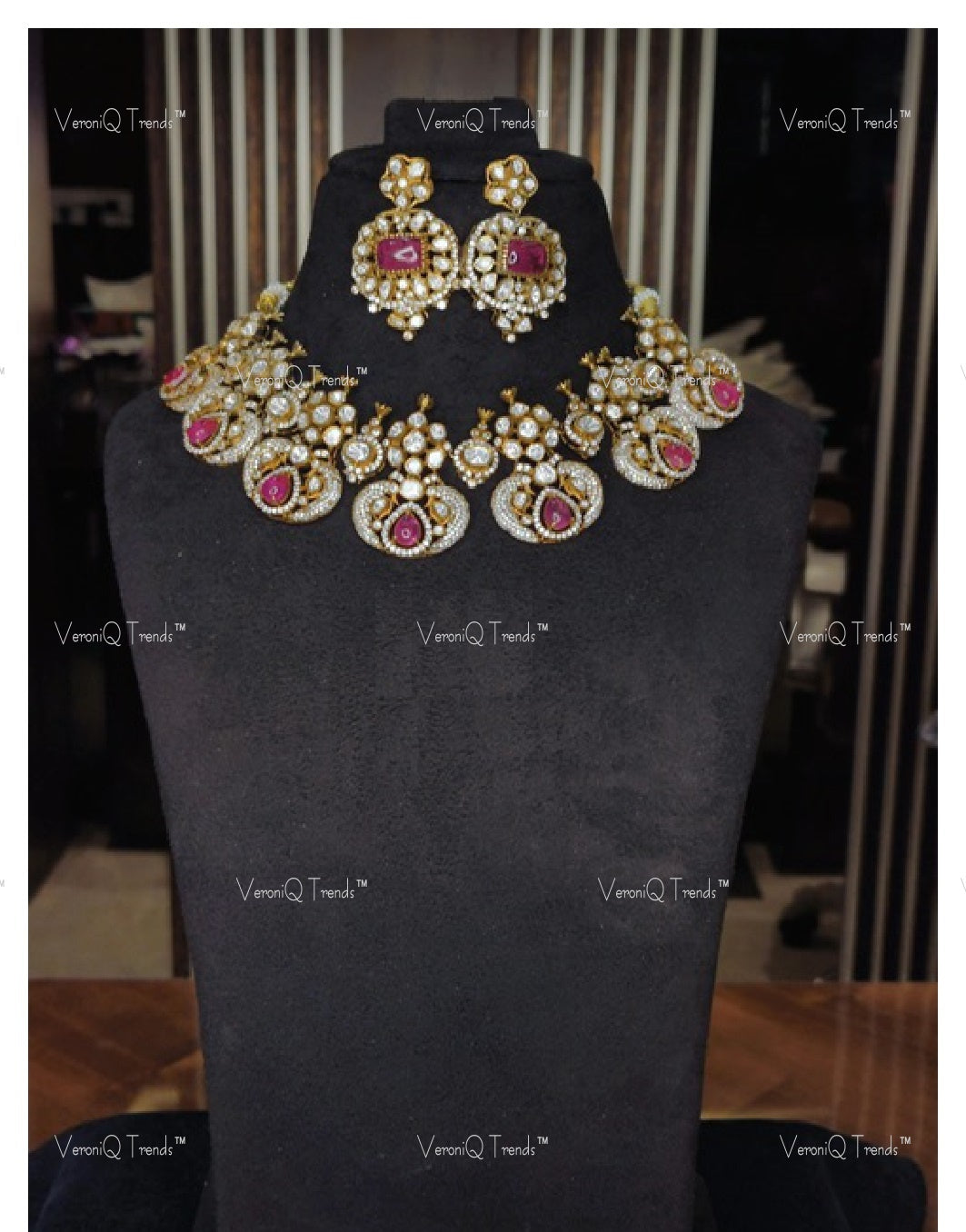 VeroniQ Trends-Victorian Bridal Peacock Polki and Ruby Necklace 92.5 Silver Moissanite Diamond Polki-Ruby Stone-Gold Plated-Wedding Jewellery-Punjabi Jewellery-South Indian-Thappa Jewellery