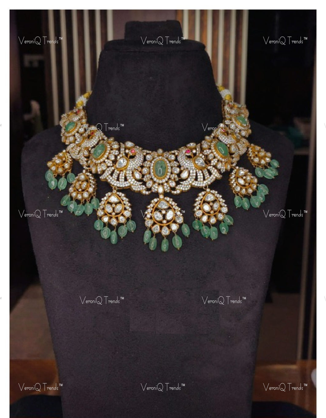 VeroniQ Trends-Victorian Bridal Peacock Polki and Emerald Choker Necklace 92.5 Silver Moissanite Diamond Polki-Emerald Stone-Gold Plated-Wedding Jewellery-Punjabi Jewellery-South Indian-Thappa Jewellery