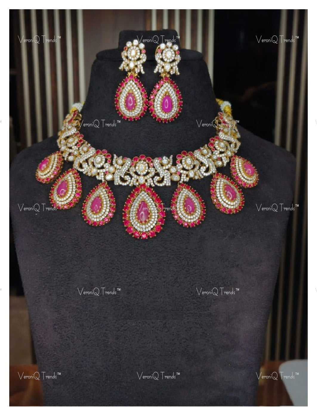 VeroniQ Trends-Victorian Bridal Polki and Ruby Choker Necklace With Motif 92.5 Silver Moissanite Diamond Polki-Ruby Stone-Gold Plated-Wedding Jewellery-Punjabi Jewellery-South Indian-Thappa Jewellery