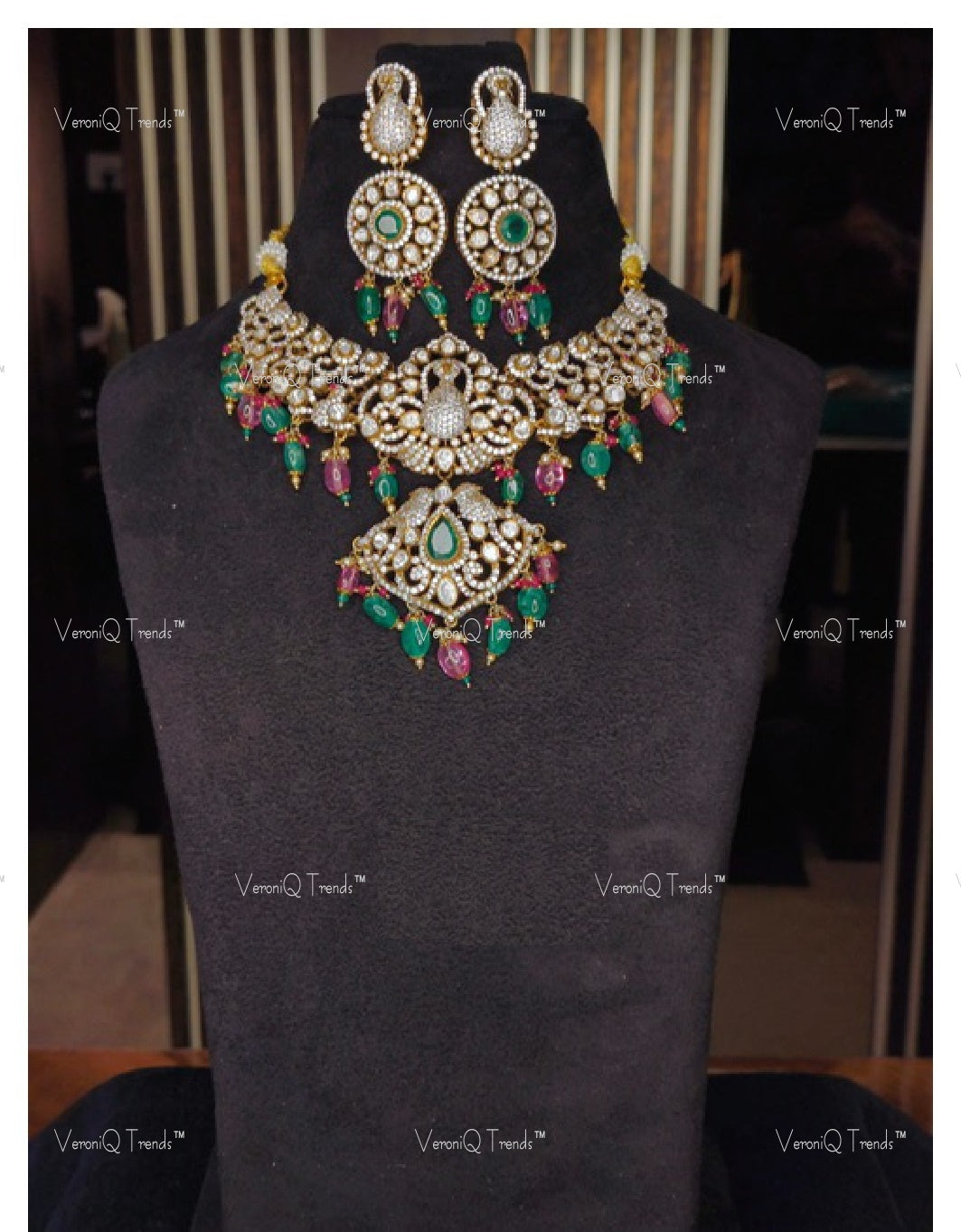 VeroniQ Trends-Victorian Bridal Polki and Emerald Choker Necklace With Motif 92.5 Silver Moissanite Diamond Polki-Emerald Stone-Gold Plated-Wedding Jewellery-Punjabi Jewellery-South Indian-Thappa Jewellery