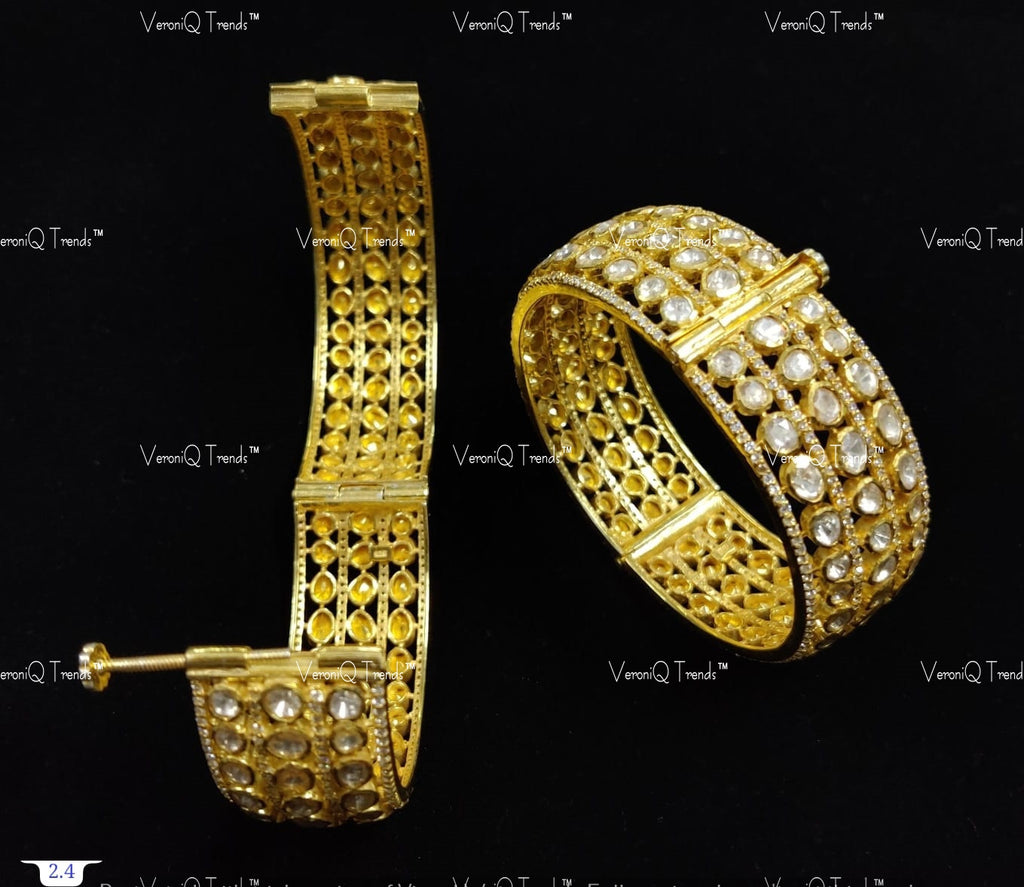 VeroniQ Trends-Traditional Victorian Polki Silver Bangles 92.5 Silver Moissanite Diamond Polki-Gold Plated-Wedding Jewellery-Punjabi Jewellery-South Indian-Thappa Jewellery