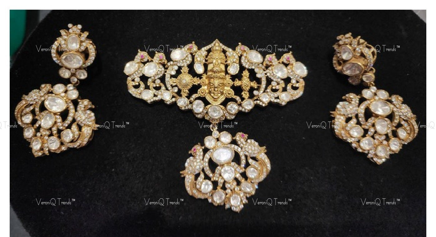 VeroniQ Trends-Victorian Balaji Polki Silver Moissanite Pendant And Earrings Set 92.5 Sliver Mossianite Diamond Polki-Gold Plated-Wedding Jewellery-Punjabi Jewellery-South Indian-Thappa Jewellery