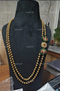 VeroniQ Trends-Long Golden Beads Mala Necklace with Sliver Kundan Pendant-92.5 Sliver-Gold Plated-Wedding Jewellery-Punjabi Jewellery-South Indian-Thappa Jewellery