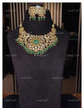 VeroniQ Trends-Victorian Bridal Emerald and Polki Necklace With Peacock Motif 92.5 Silver Moissanite Diamond Polki-Emerald Stone-Gold Plated-Wedding Jewellery-Punjabi Jewellery-South Indian-Thappa Jewellery