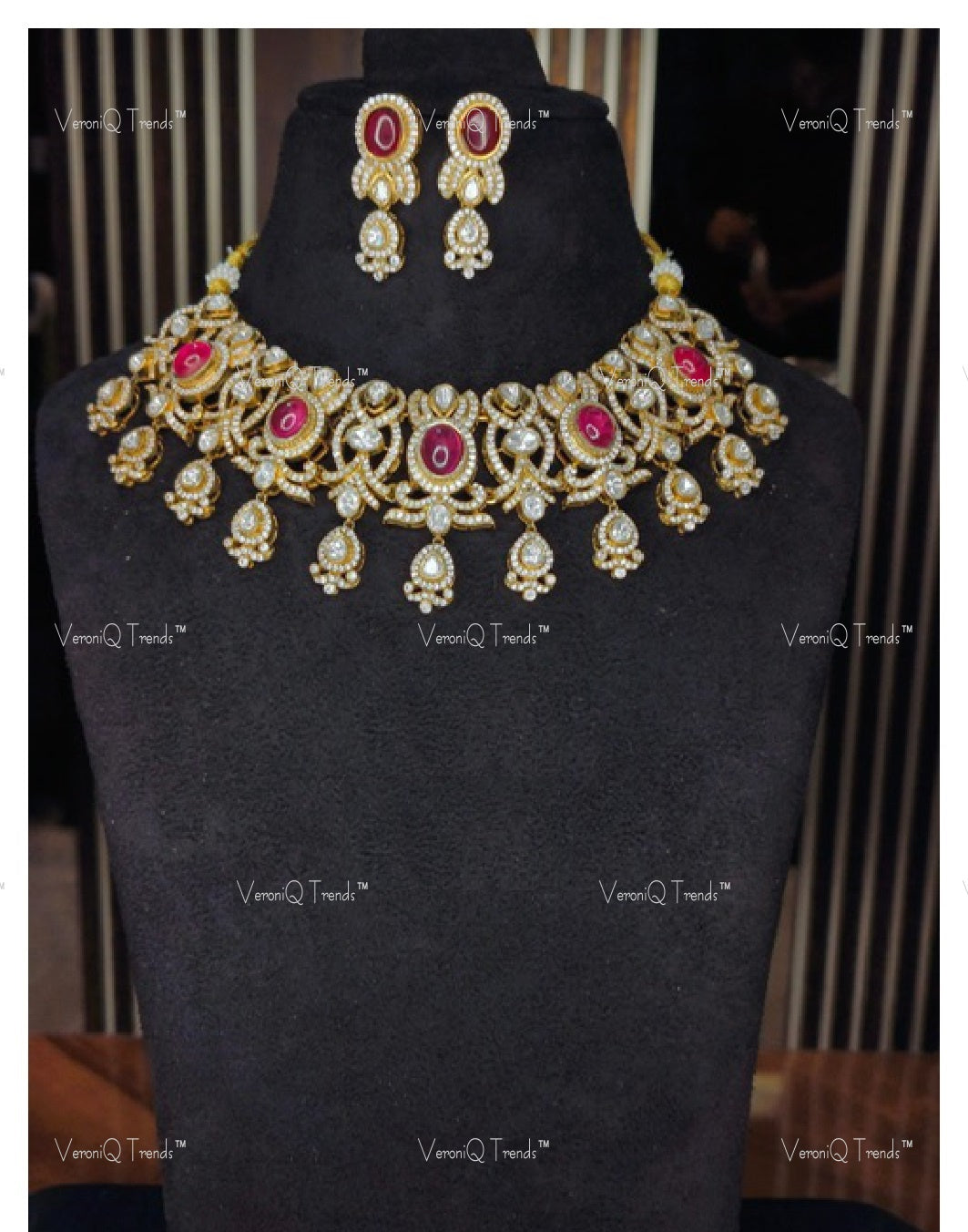 VeroniQ Trends-Victorian Bridal Ruby and Polki Necklace 92.5 Silver Moissanite Diamond Polki-Ruby Stone-Gold Plated-Wedding Jewellery-Punjabi Jewellery-South Indian-Thappa Jewellery