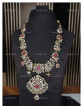 VeroniQ Trends-Victorian Bridal Peacock Ruby and Polki Long Necklace 92.5 Silver Moissanite Diamond Polki-Ruby Stone-Gold Plated-Wedding Jewellery-Punjabi Jewellery-South Indian-Thappa Jewellery