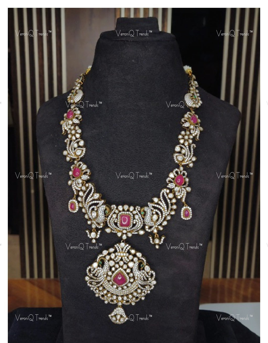 VeroniQ Trends-Victorian Bridal Peacock Ruby and Polki Long Necklace 92.5 Silver Moissanite Diamond Polki-Ruby Stone-Gold Plated-Wedding Jewellery-Punjabi Jewellery-South Indian-Thappa Jewellery