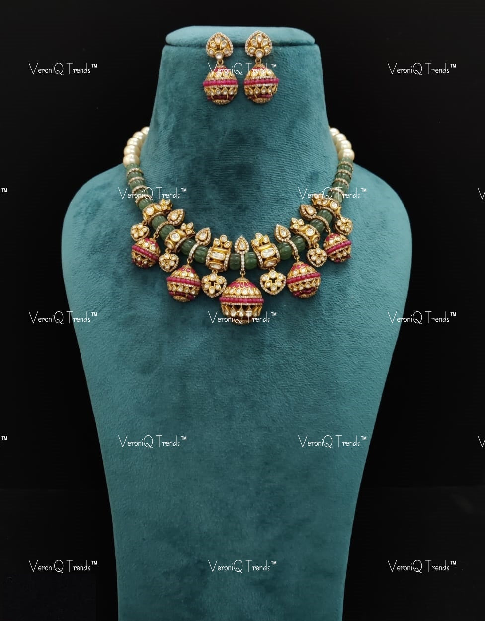 VeroniQ Trends-Gold Plated Emerald Pumpkin Beads Ruby And Polki Silver Necklace 92.5 Silver Moissanite Diamond Polki-Ruby Stone-Gold Plated-Wedding Jewellery-Punjabi Jewellery-South Indian-Thappa Jewellery