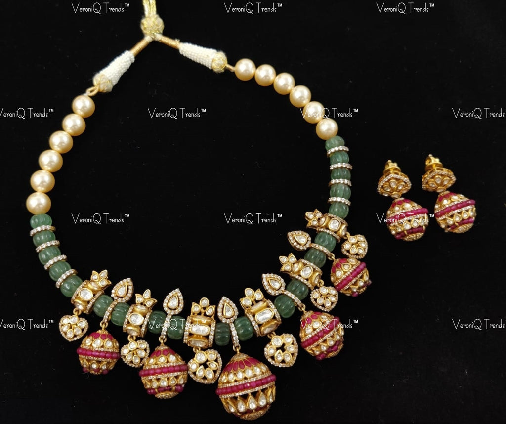 VeroniQ Trends-Gold Plated Emerald Pumpkin Beads Ruby And Polki Silver Necklace 92.5 Silver Moissanite Diamond Polki-Ruby Stone-Gold Plated-Wedding Jewellery-Punjabi Jewellery-South Indian-Thappa Jewellery