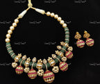 VeroniQ Trends-Gold Plated Emerald Pumpkin Beads Ruby And Polki Silver Necklace 92.5 Silver Moissanite Diamond Polki-Ruby Stone-Gold Plated-Wedding Jewelry-Punjabi Jewelry-South Indian-Thappa Jewelry
