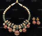 VeroniQ Trends-Gold Plated Emerald Pumpkin Beads Ruby And Polki Silver Necklace 92.5 Silver Moissanite Diamond Polki-Ruby Stone-Gold Plated-Wedding Jewelry-Punjabi Jewelry-South Indian-Thappa Jewelry