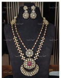 VeroniQ Trends-Victorian Bridal Double Line Ruby and Polki Long Necklace 92.5 Silver Moissanite Diamond Polki-Ruby Stone-Gold Plated-Wedding Jewellery-Punjabi Jewellery-South Indian-Thappa Jewellery