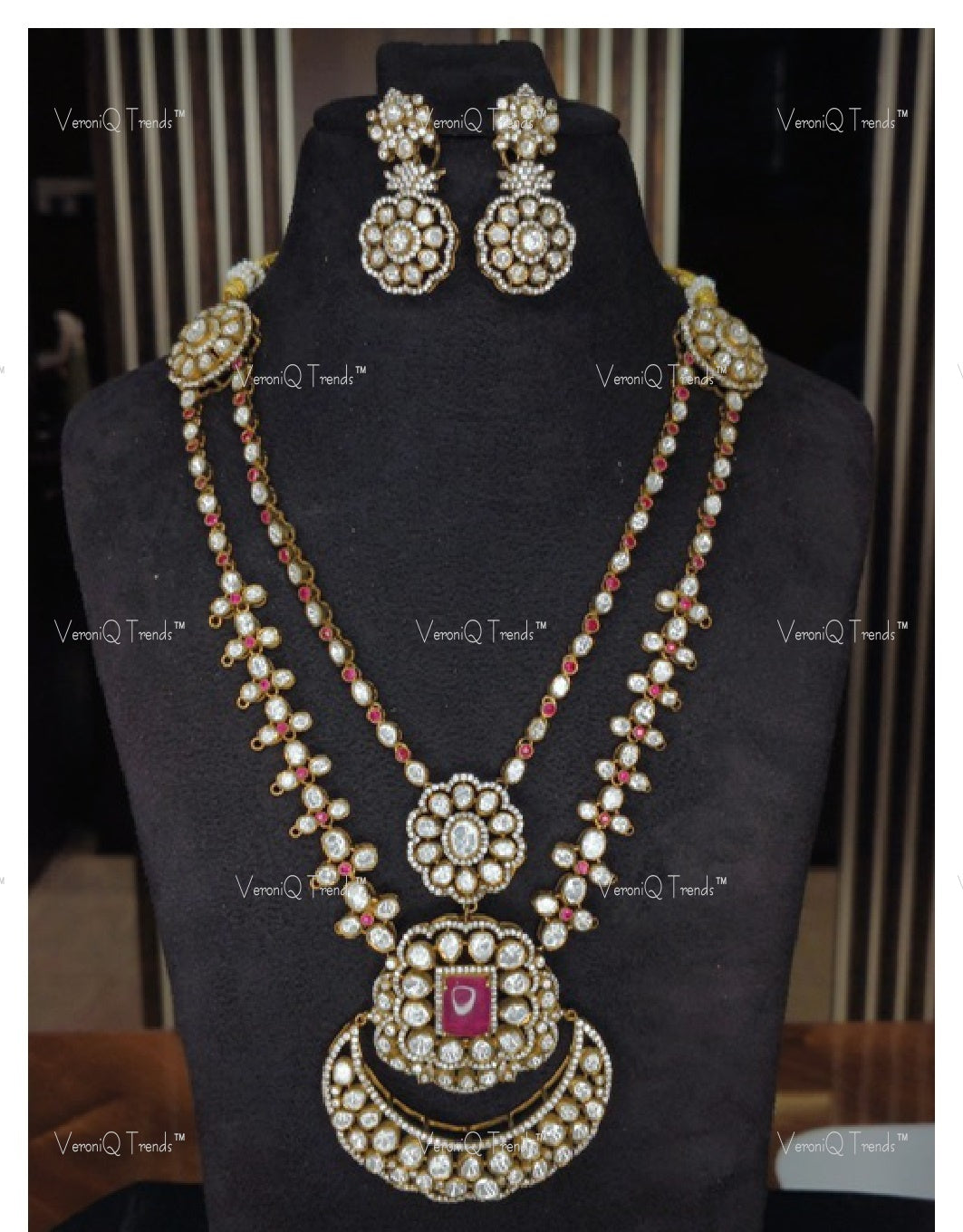 VeroniQ Trends-Victorian Bridal Double Line Ruby and Polki Long Necklace 92.5 Silver Moissanite Diamond Polki-Ruby Stone-Gold Plated-Wedding Jewellery-Punjabi Jewellery-South Indian-Thappa Jewellery