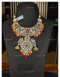 VeroniQ Trends-Victorian Bridal Ruby and Polki Necklace With Peacock Motif 92.5 Silver Moissanite Diamond Polki-Ruby Stone Gold Plated-Wedding Jewelry-Punjabi Jewelry-South Indian-Thappa Jewelry