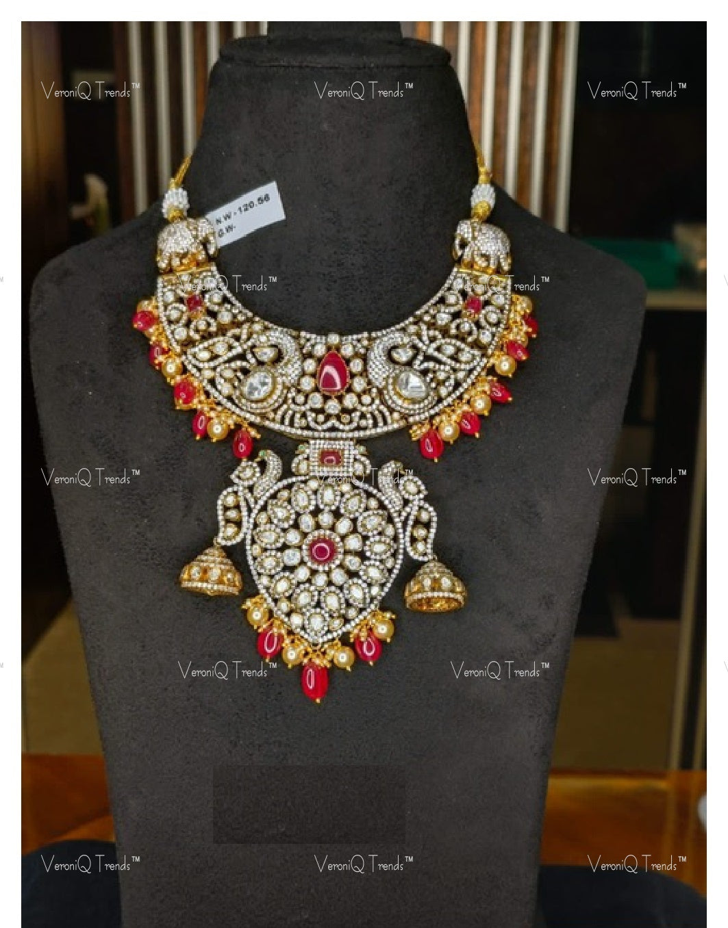 VeroniQ Trends-Victorian Bridal Ruby and Polki Necklace With Peacock Motif 92.5 Silver Moissanite Diamond Polki-Ruby Stone Gold Plated-Wedding Jewelry-Punjabi Jewelry-South Indian-Thappa Jewelry
