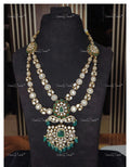 VeroniQ Trends-Victorian Bridal Emerald and Polki Long Necklace 92.5 Silver Moissanite Diamond Polki-Emerald Stone-Gold Plated-Wedding Jewellery-Punjabi Jewellery-South Indian-Thappa Jewellery