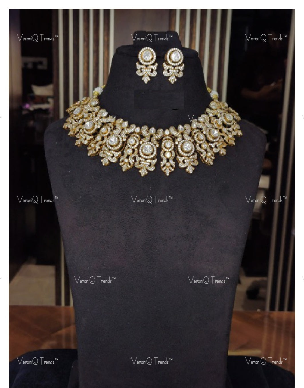 VeroniQ Trends-Victorian Bridal Polki Choker Necklace 92.5 Silver Moissanite Diamond Polki-Gold Plated-Wedding Jewelry-Punjabi Jewelry-South Indian-Thappa Jewelry