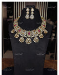 VeroniQ Trends-Victorian Bridal Ruby and Polki Necklace With Peacock Motif 92.5 Silver Moissanite Diamond Polki-Ruby Stone-Gold Plated-Wedding Jewelry-Punjabi Jewelry-South Indian-Thappa Jewelry