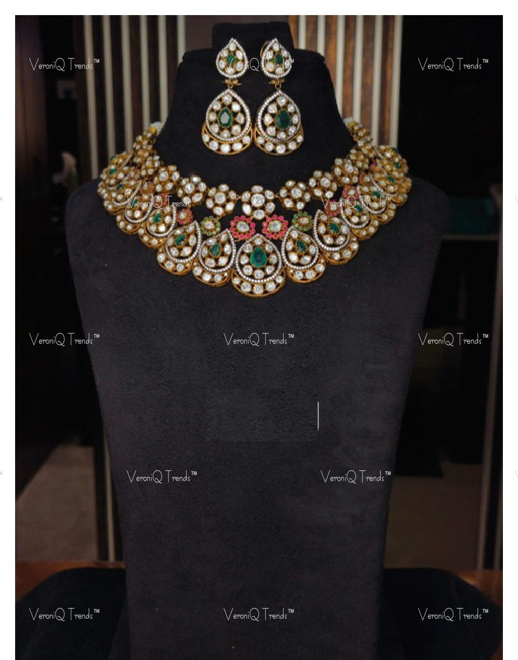 VeroniQ Trends-Victorian Bridal Polki And Emerald Drop Necklace 92.5 Silver Moissanite Diamond Polki-Emerald Stone-Gold Plated-Wedding Jewellery-Punjabi Jewellery-South Indian-Thappa Jewellery