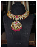 VeroniQ Trends-Victorian Bridal Polki And Ruby Choker Necklace 92.5 Silver Moissanite Diamond Polki-Ruby Stone-Gold Plated-Wedding Jewelry-Punjabi Jewelry-South Indian-Thappa Jewelry