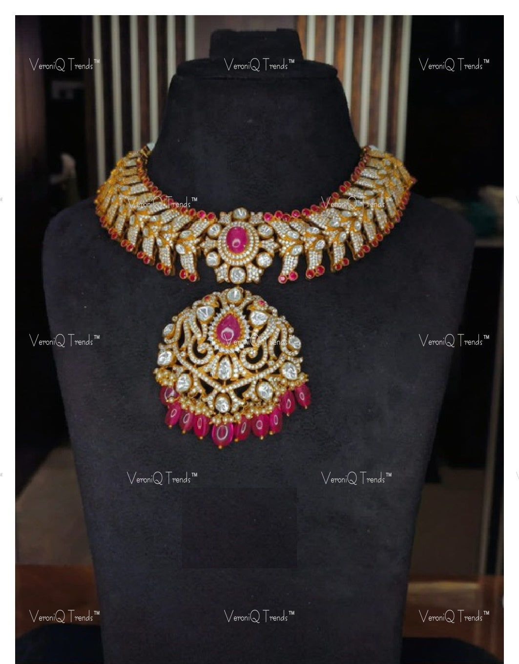 VeroniQ Trends-Victorian Bridal Polki And Ruby Choker Necklace 92.5 Silver Moissanite Diamond Polki-Ruby Stone-Gold Plated-Wedding Jewelry-Punjabi Jewelry-South Indian-Thappa Jewelry