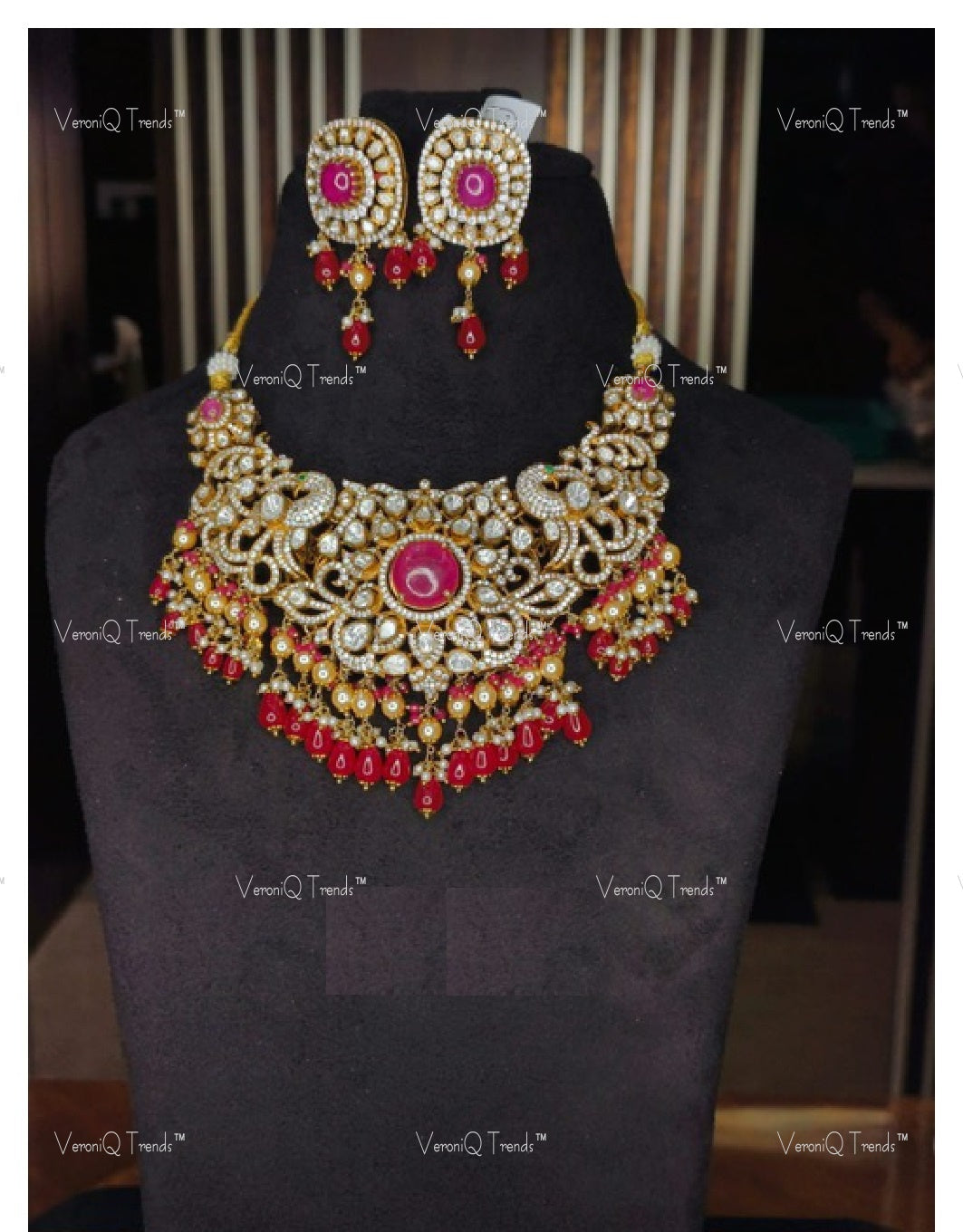 VeroniQ Trends-Victorian Bridal Polki And Ruby Choker Necklace With Peacock Motif 92.5 Silver Moissanite Diamond Polki-Ruby Stone-Gold Plated-Wedding Jewellery-Punjabi Jewellery-South Indian-Thappa Jewellery