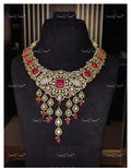 VeroniQ Trends-Victorian Bridal Polki And Ruby Necklace With Elephant Motif 92.5 Silver Moissanite Diamond Polki-Ruby Stone-Gold Plated-Wedding Jewellery-Punjabi Jewellery-South Indian-Thappa Jewellery