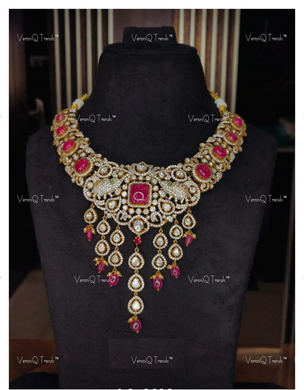VeroniQ Trends-Victorian Bridal Polki And Ruby Necklace With Elephant Motif 92.5 Silver Moissanite Diamond Polki-Ruby Stone-Gold Plated-Wedding Jewellery-Punjabi Jewellery-South Indian-Thappa Jewellery