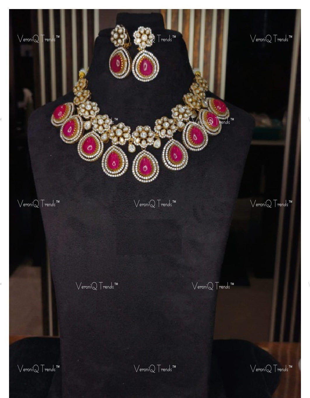 VeroniQ Trends-Victorian Bridal Polki And Ruby Drop Choker Necklace 92.5 Silver Moissanite Diamond Polki-Ruby Stone-Gold Plated-Wedding Jewellery-Punjabi Jewellery-South Indian-Thappa Jewellery
