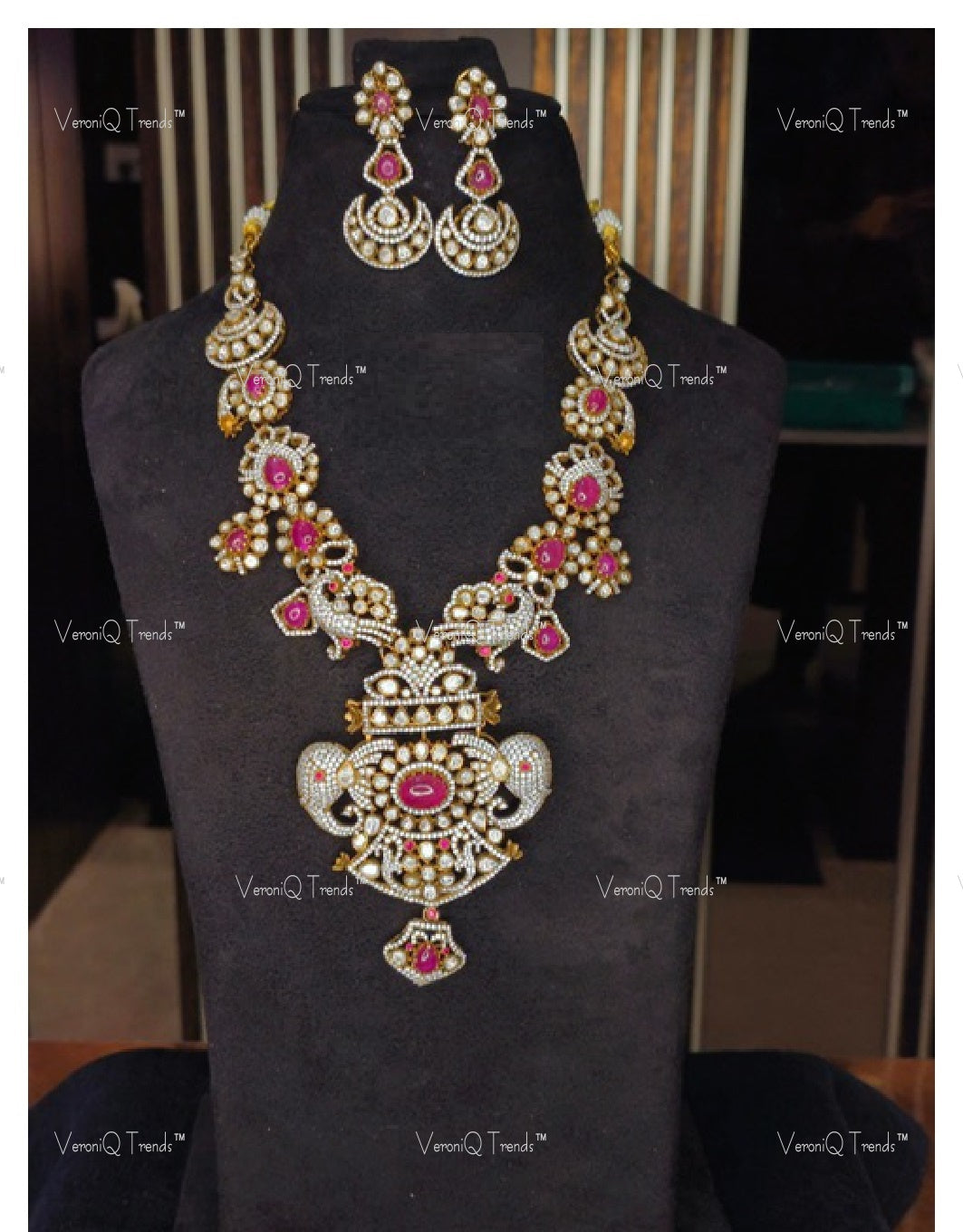 VeroniQ Trends-Victorian Bridal Polki And Ruby Necklace With Peacock-Elephant Motif 92.5 Silver Moissanite Diamond Polki-Ruby Stone-Gold Plated-Wedding Jewelry-Punjabi Jewelry-South Indian-Thappa Jewelry