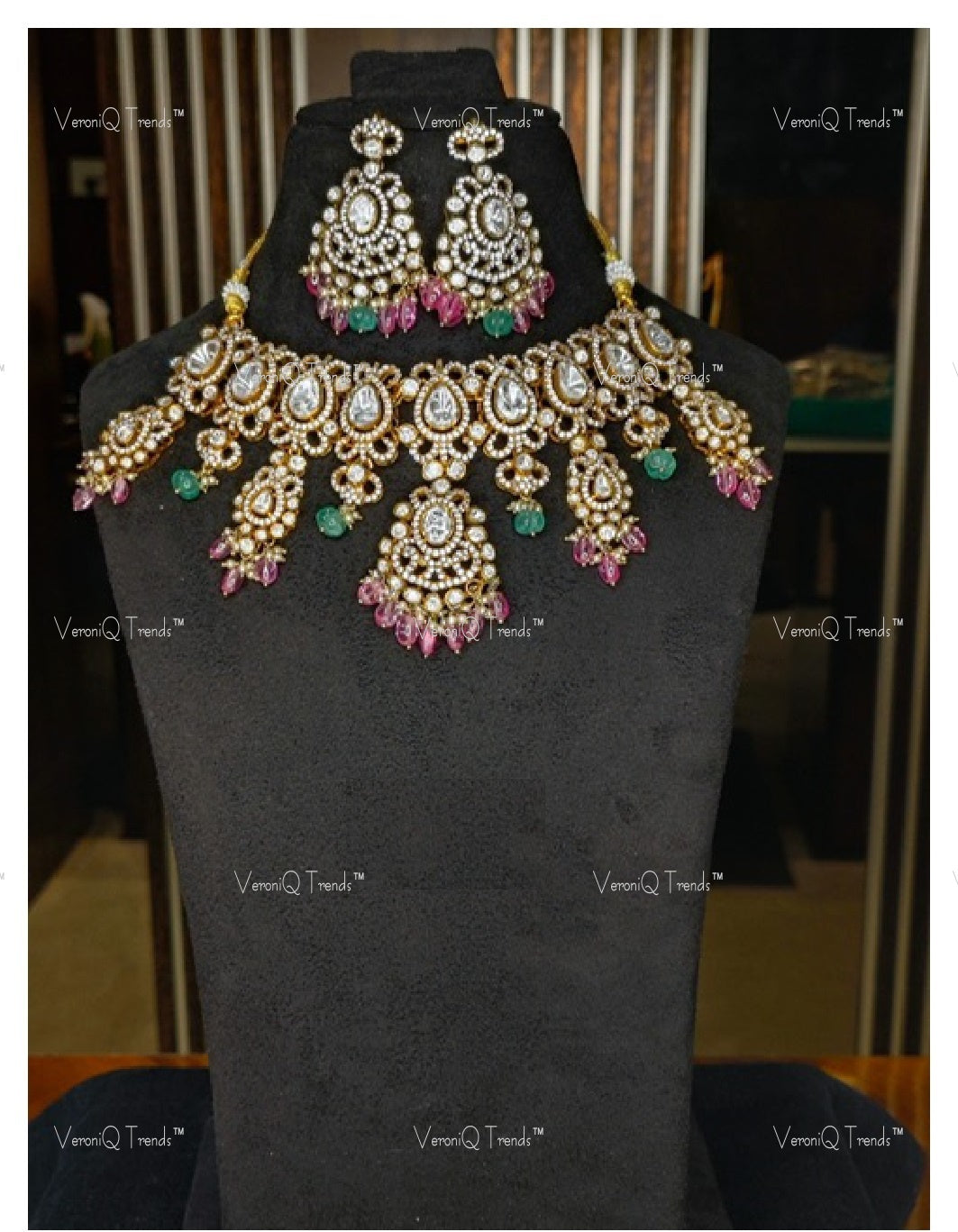 VeroniQ Trends-Victorian Bridal Polki Necklace 92.5 Silver Moissanite Diamond Polki-Gold Plated-Wedding Jewellery-Punjabi Jewellery-South Indian-Thappa Jewellery