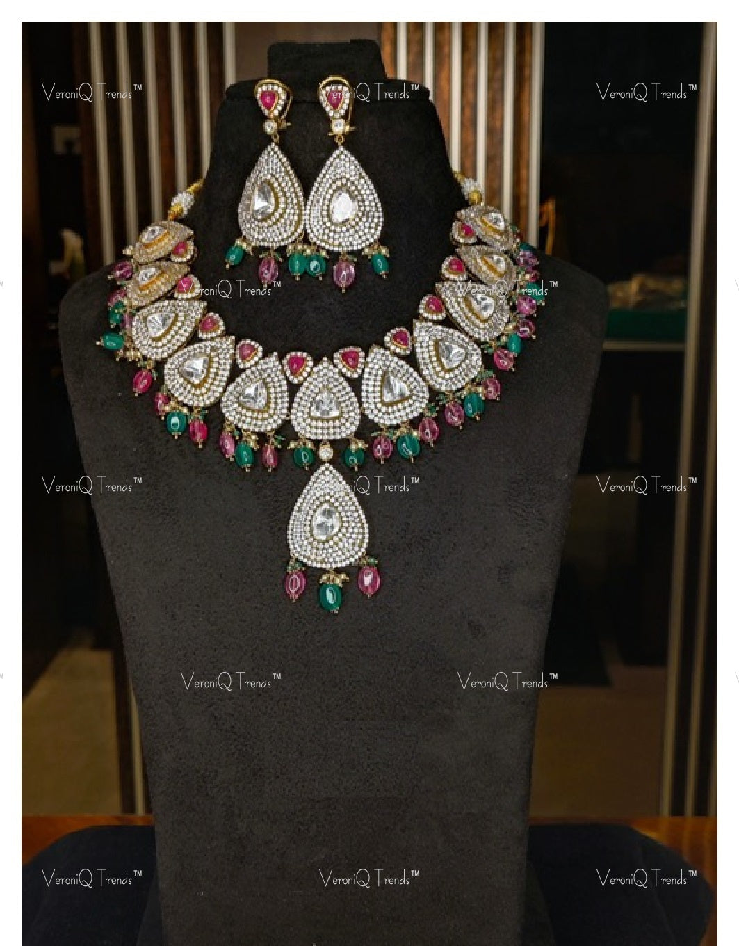 VeroniQ Trends-Victorian Bridal Polki And Ruby Necklace 92.5 Silver Moissanite Diamond Polki-Ruby Stone-Gold Plated-Wedding Jewelry-Punjabi Jewelry-South Indian-Thappa Jewelry