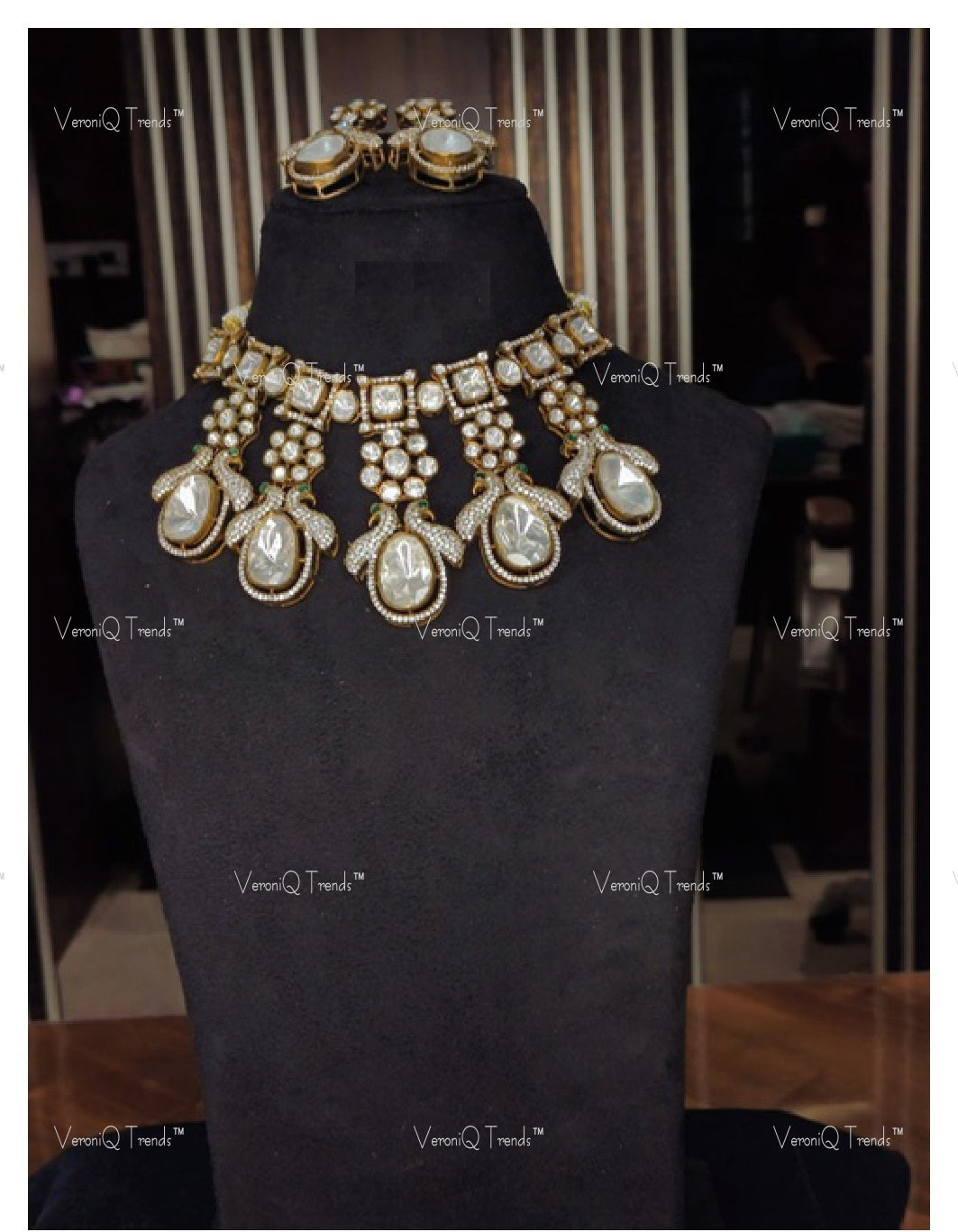 VeroniQ Trends-Victorian Bridal Polki Chokar Necklace With Peacock Motif 92.5 Silver Moissanite Diamond Polki-Gold Plated-Wedding Jewelry-Punjabi Jewelry-South Indian-Thappa Jewelry