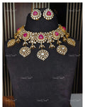 VeroniQ Trends-Victorian Bridal Polki And Ruby Chokar Necklace 92.5 Silver Moissanite Diamond Polki-Ruby Stone-Gold Plated-Wedding Jewelry-Punjabi Jewelry-South Indian-Thappa Jewelry