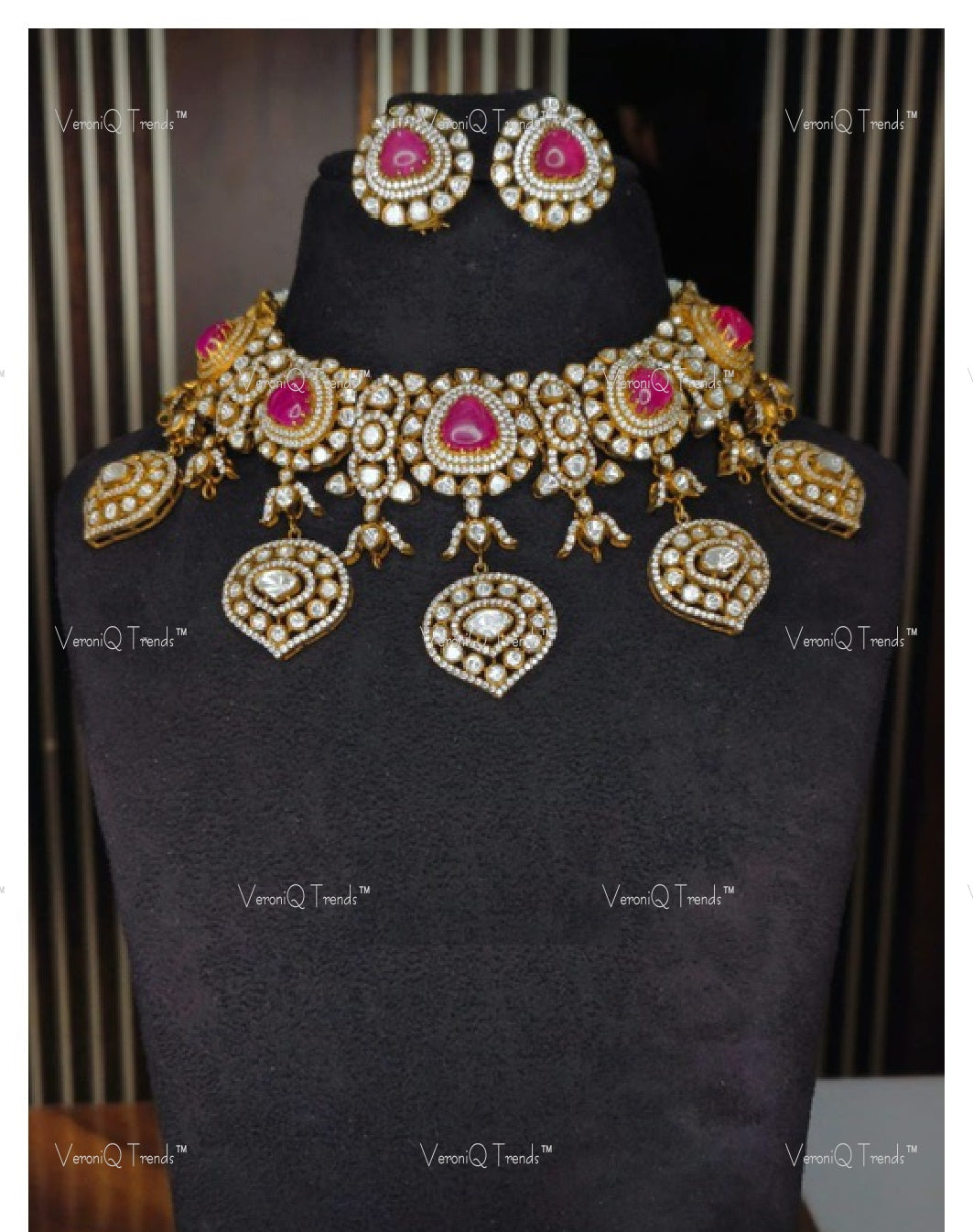VeroniQ Trends-Victorian Bridal Polki And Ruby Chokar Necklace 92.5 Silver Moissanite Diamond Polki-Ruby Stone-Gold Plated-Wedding Jewelry-Punjabi Jewelry-South Indian-Thappa Jewelry