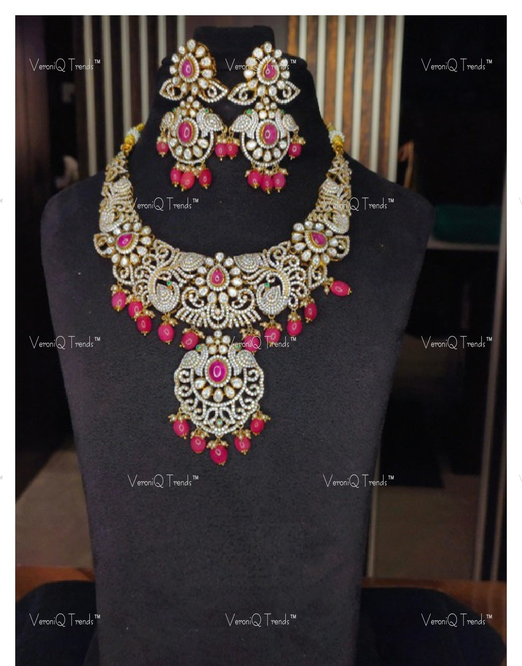 VeroniQ Trends-Victorian Bridal Polki And Ruby Necklace With Peacock Motif 92.5 Silver Moissanite Diamond Polki-Ruby Stone-Gold Plated-Wedding Jewelry-Punjabi Jewelry-South Indian-Thappa Jewelry