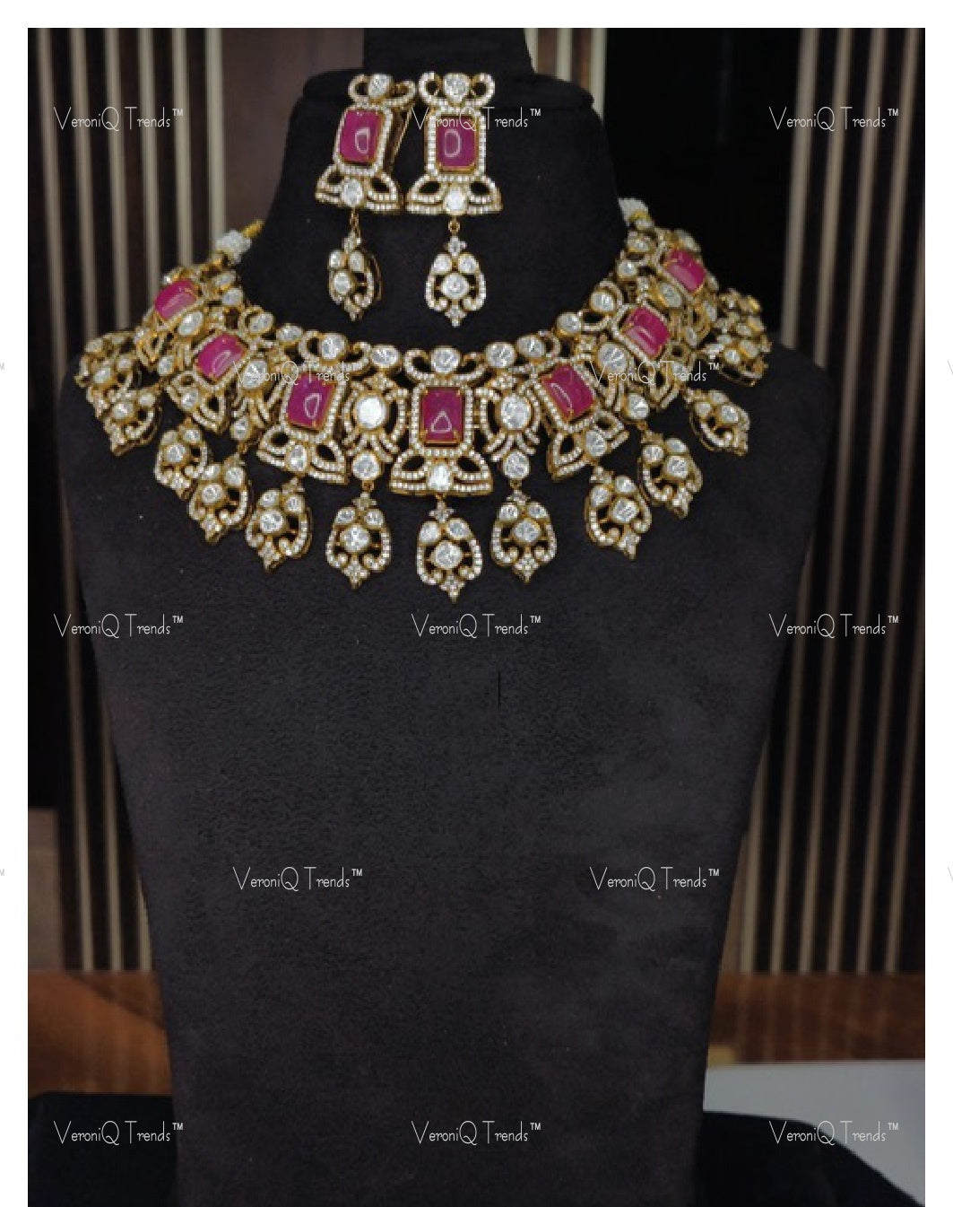 VeroniQ Trends-Victorian Bridal Polki And Ruby Necklace 92.5 Silver Moissanite Diamond Polki-Ruby Stone-Gold Plated-Wedding Jewelry-Punjabi Jewelry-South Indian-Thappa Jewelry